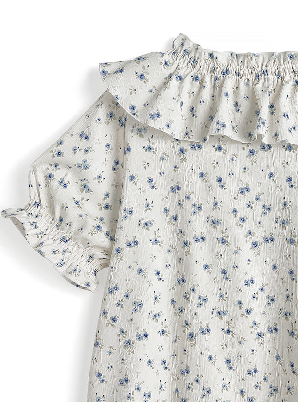 日本直送 [預購] 微泡袖·碎花皺摺邊上衣 (米白色)