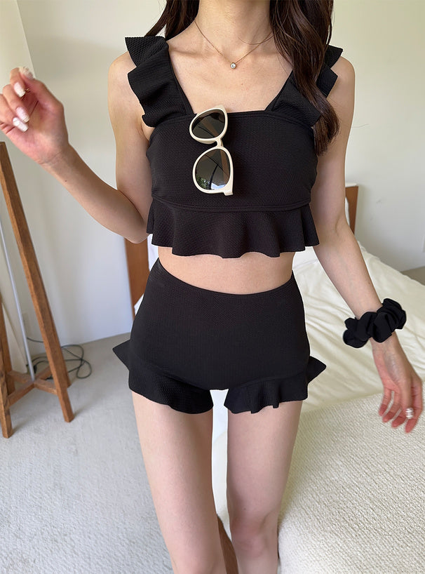 日本直送 [預購] 日本水著·一套2件 ⇉ 荷葉邊上衣➕高腰泳褲 ◍ 2色入