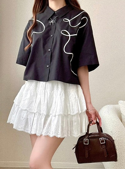 日本直送 [預購] 刺繡線條·帶領恤衫 ◍ 2色入