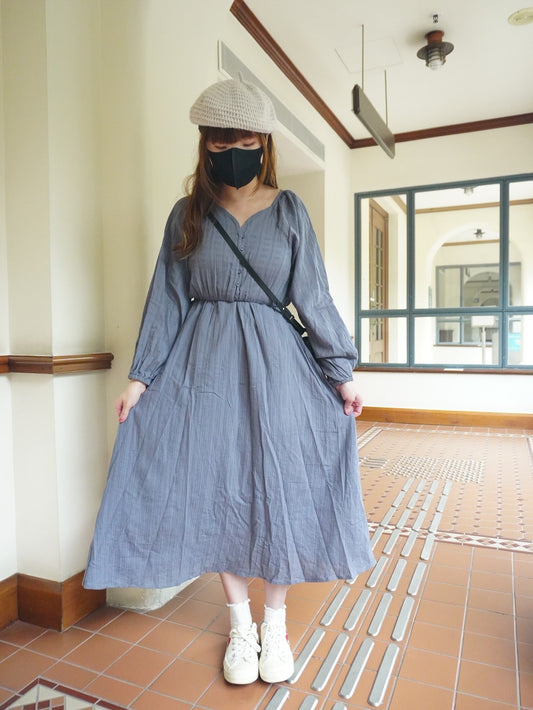 日本直送 [現貨/ 預購] 直條pattern長袖連身裙 ◍ 5色入