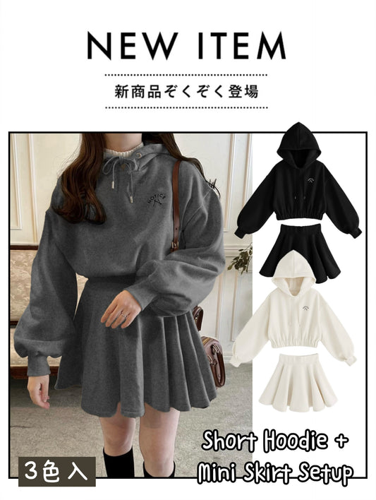 日本直送 [預購] 一套2件setup ⇉ 短cutting hoodie + 裙仔 ◍ 3色入