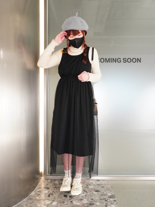 日本直送 [現貨] 一套2件Setup ⇉ 針織衫仔+ 紗紗拼吊帶裙 (Ivory x Black)